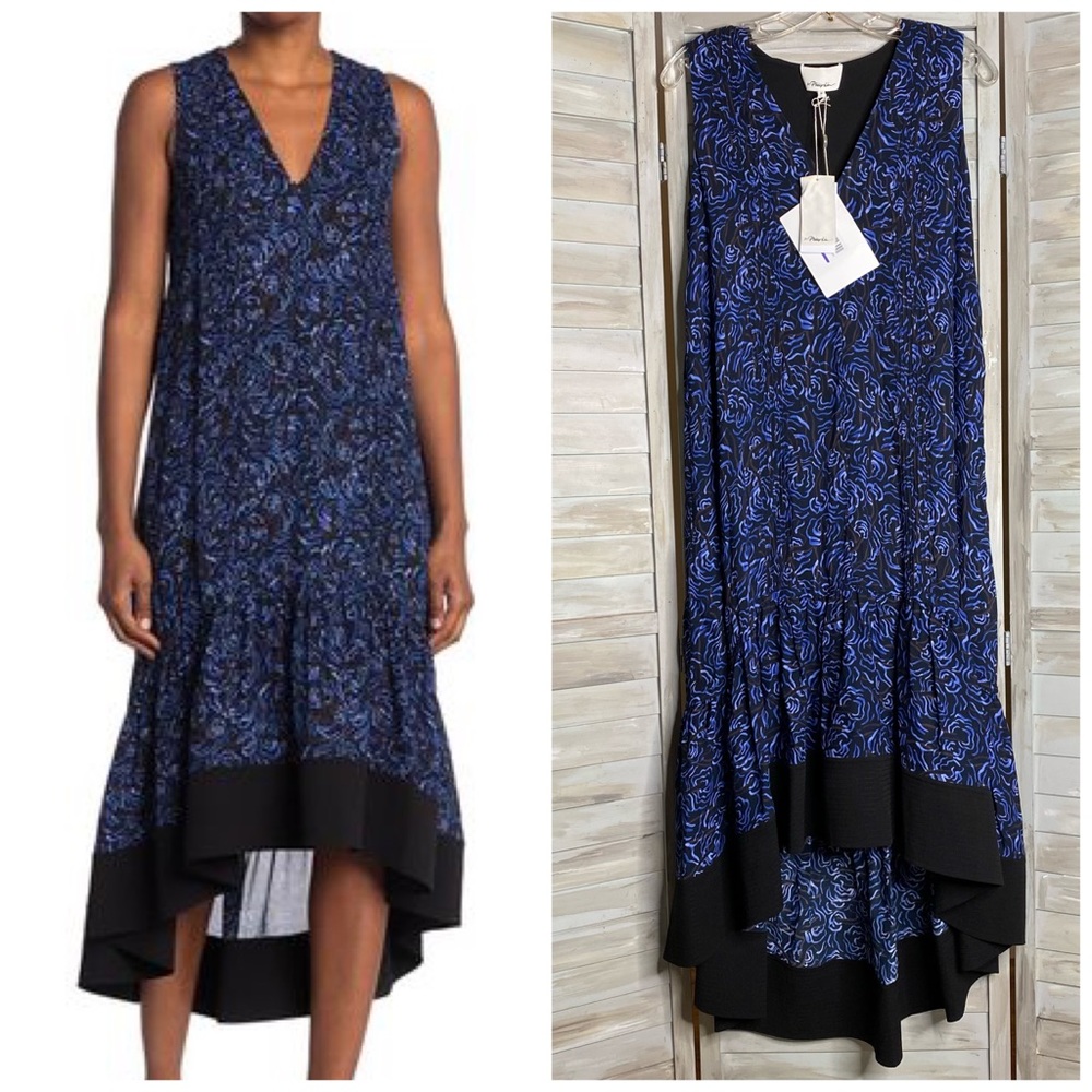 3.1 PHILLIP LIM Blue + Black Floral Print Flounce Hem Midi Dress size 6 NWT